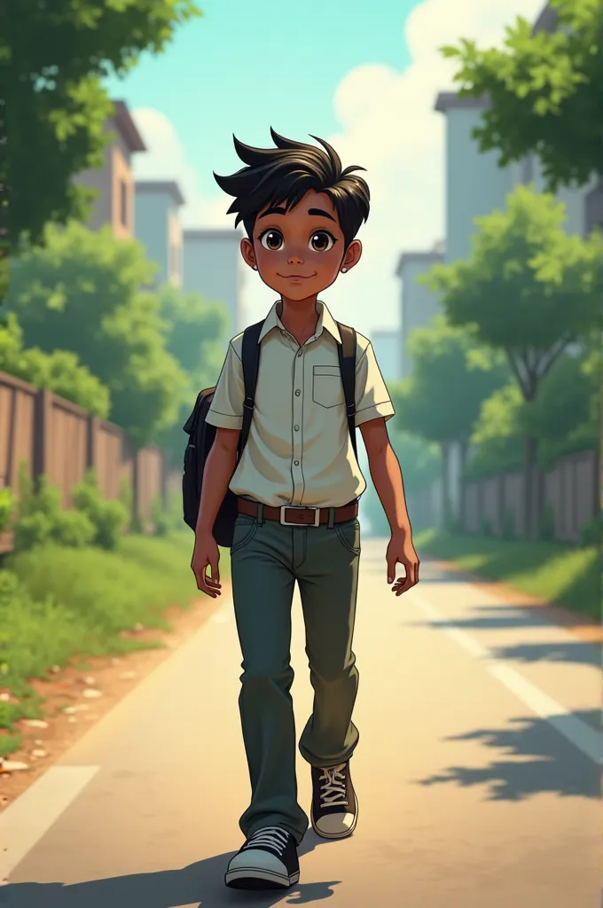 a indian boy smart walk in the road anime style