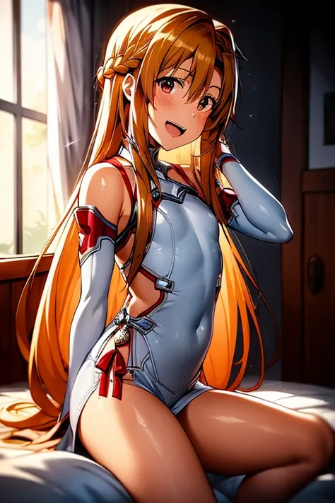 ((Best Quality)), ((masterpiece)), (be familiar with),  perfect face, indoor, bedroom,  watching viewers ,
One woman, Yuuki Asuna,
 open mouth , Ecstatic expression, blush, smile,
Small breasts,  flat chest, , ,  kids, Girl,
Long Hair,  long hair,
Leg spre...