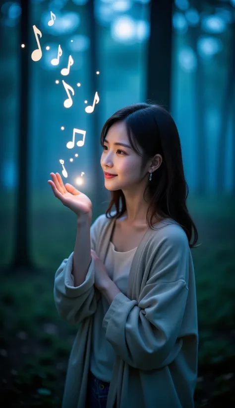 A close-up of an Asian woman standing in a dark, misty forest, facing the camera with a gentle smile. She holds her hand near her mouth, softly blowing over her fingers. As she exhales, faint lights and musical notes flow gracefully from her palm, creating...