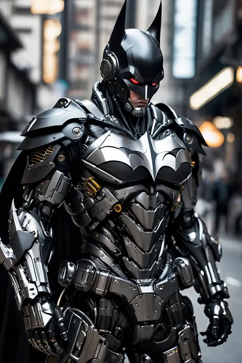 mechanical batman special , light black armor ,  with smooth silver metal armor, wears smooth black armor,whole body machinery,m...