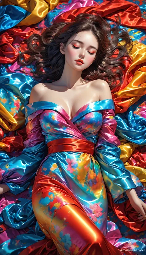 iridescent colorful fluorescent paint artwork, cool beauty, glossy silky hair, makeup, amorous and lewd expression, her cheeks are red and she is shy and has her eyes closed, cortesy, elegance, dignity, curvaceous, wearing brightly colored satin and silk r...