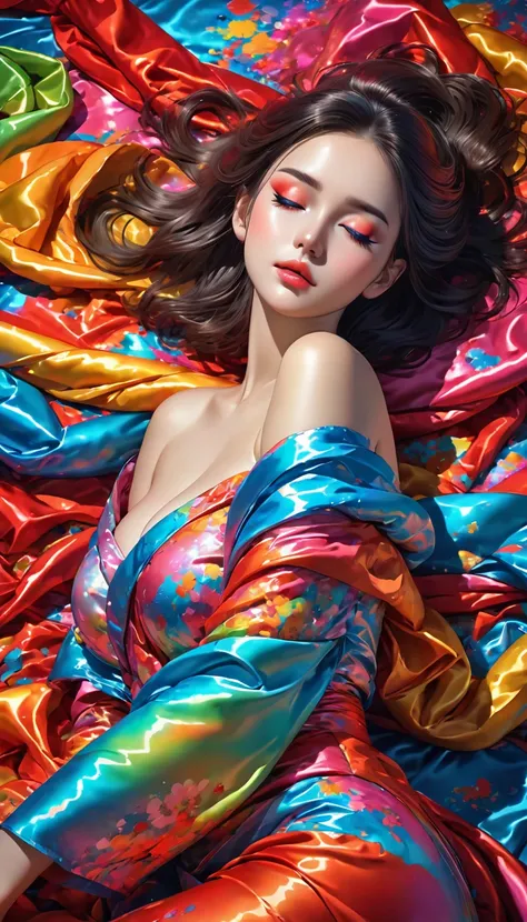 iridescent colorful fluorescent paint artwork, cool beauty, glossy silky hair, makeup, amorous and lewd expression, her cheeks are red and she is shy and has her eyes closed, cortesy, elegance, dignity, curvaceous, wearing brightly colored satin and silk r...