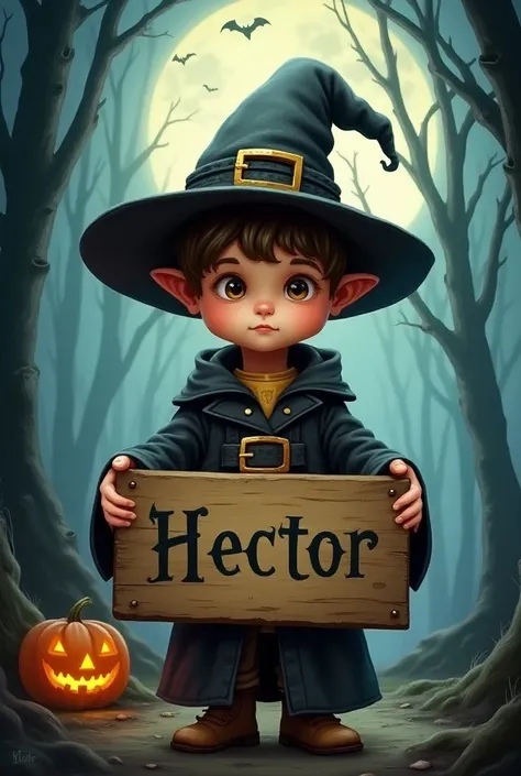 Petit garcon sorcier pancarte Hector illustration halloween 