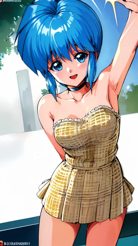 ( best quality, 8k, 32k, masterpiece,  ultra high resolution:1.2), blue hair,  short haired , saki nijino, completely naked, sma...