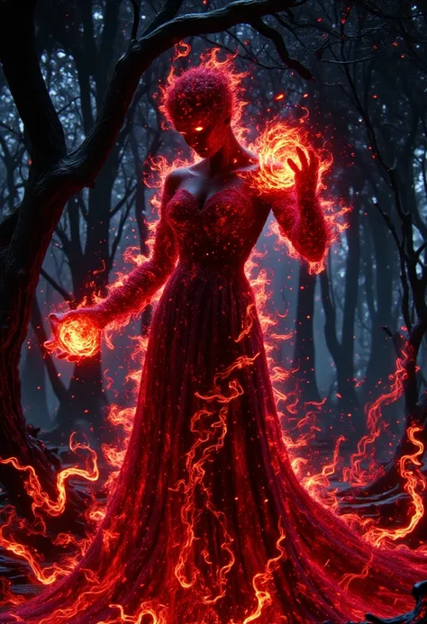 in a haunting forest at dusk, a crimson-clad witch emerges, her figure wrapped in a scarlet aura as she manipulates swirling red...