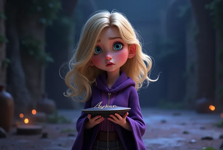 Créer une image dune petite sorcière style pixar. Elle est blonde aux yeux bleus. Elle tient une pancarte dans ses mains avec linscription "Ayleen". Arrière-plan plan sombre et mysterieux 