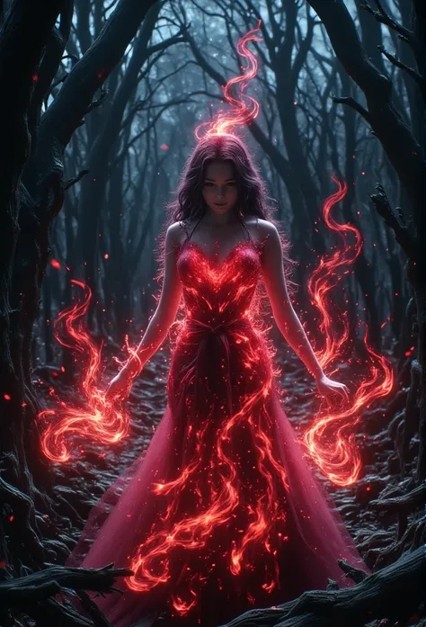 in a haunting forest at dusk, a crimson-clad witch emerges, her figure wrapped in a scarlet aura as she manipulates swirling red...