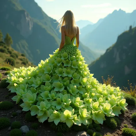  standing in the garden in a beautiful extravagant dress made of green orchid flowers, the hem of the dress spreads across the mountain ,  on the floor of a beautiful , Blonde, s hair faces the viewer  ,in the wind, ,12K, 8k,  dont cut 