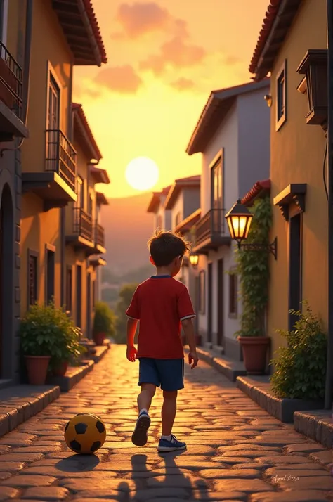 A picturesque view of a small Portuguese town, Madeira, with cobblestone streets and traditional architecture. In the foreground, a young boy (representing Cristiano Ronaldo) is playing football with a homemade ball, looking hopeful and determined. The set...