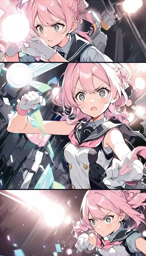 (pink hair:1.2), (militaristic dress:1.1), (light-colored gloves:1.0), (action pose:1.3), (anxious expression:0.8), (pastel colo...