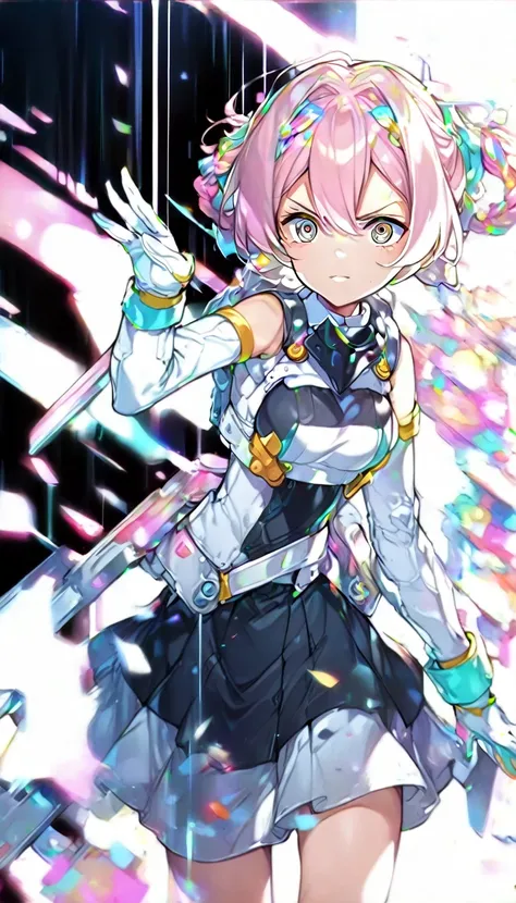 (pink hair:1.2), (militaristic dress:1.1), (light-colored gloves:1.0), (action pose:1.3), (anxious expression:0.8), (pastel colo...