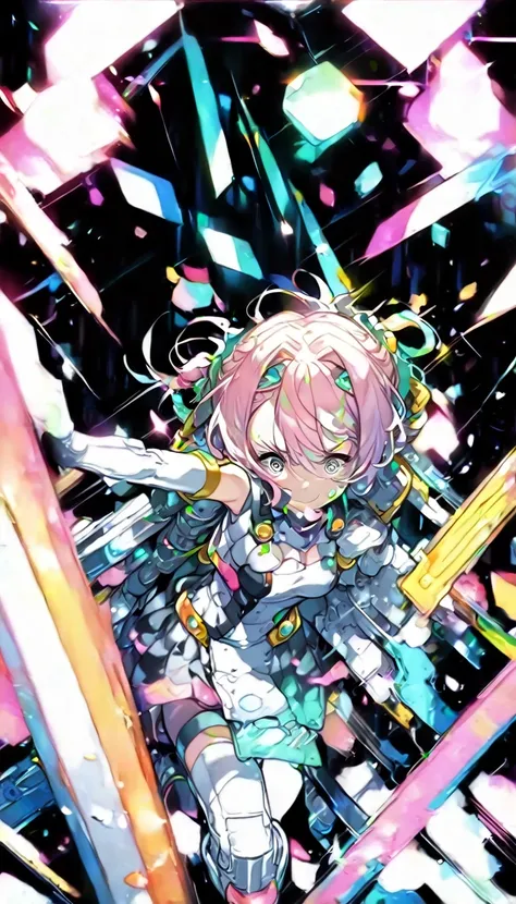 (pink hair:1.2), (militaristic dress:1.1), (light-colored gloves:1.0), (action pose:1.3), (anxious expression:0.8), (pastel colo...