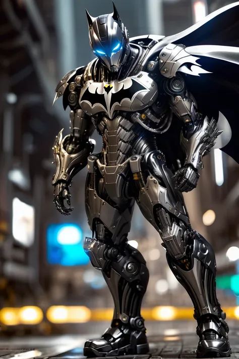 mechanical batman special , light black armor , with glossy silver metal armor, wears smooth black armor,smooth silver metallic ...