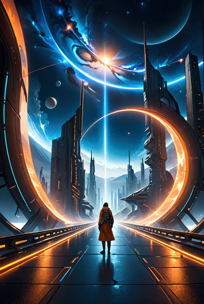 A cinematic keyframe depicting a mesmerizing galaxy with vibrant, luminescent planets suspended in the vast, starry universe, evoking a sense of being lost in space, with a winding road stretching towards infinity, set against a dramatic, gradient-colored background that transitions from deep blues to fiery oranges. The atmosphere is imbued with a cyberpunk flair, featuring sleek, futuristic elements and neon-lit accents. Inspired by the stylized works of Maciej Kuciara, Jama Jurabaev, and Wojtek Fus, the image boasts a cinematic color grading, with warm, golden tones and subtle, filmic textures reminiscent of Kodak Porta 400 and Cinestill 800. The composition is characterized by a shallow depth of field, with a subtle vignette and bokeh effects, as if captured through the lens of a Leica M10 camera. The overall aesthetic is dark, moody, and introspective, with a focus on conveying a sense of wonder and awe..