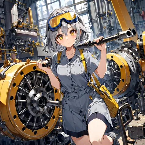 a girl wearing gray work clothes、big goggles on the head、 yellow eyes、gray hair、machine shop、complex piping、((repairing large ma...