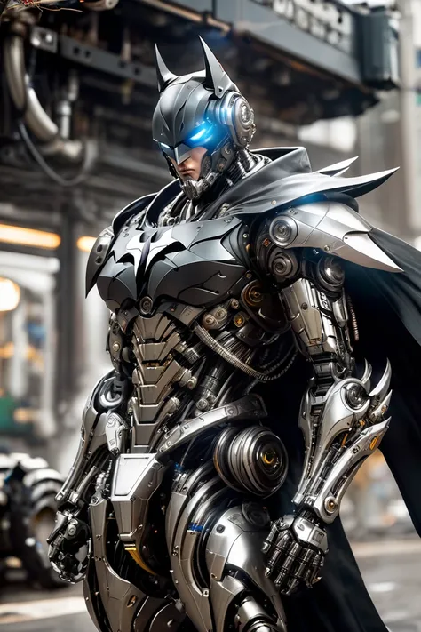 mechanical batman special , light black armor , with glossy silver metal armor, wears smooth black armor,smooth silver metallic ...