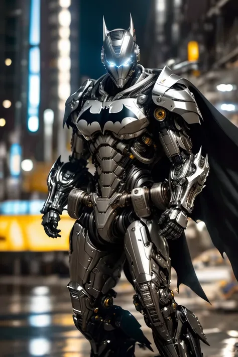 mechanical batman special , light black armor , with glossy silver metal armor, wears smooth black armor,smooth silver metallic ...