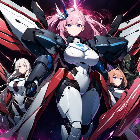 anime, high detailed, multiple womans, mature womans, mecha soft-armor, large mechanical wings, large gauntlet, large shield in ...