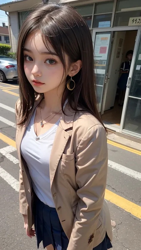 masterpiece,((small girl,Junior high school students,)),brown eyes, Sweaty skin,brown hair,((blazer, school uniform)),((small breasts)) ,medium hair,earrings, necklace,sweat