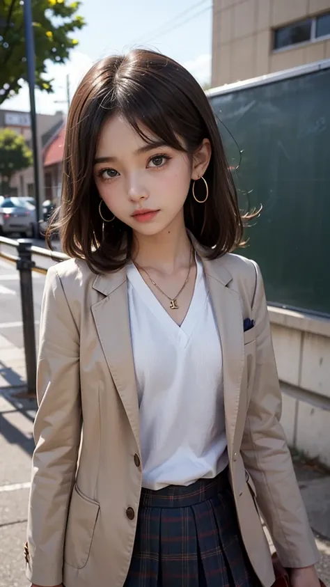 masterpiece,((small girl,Junior high school students,)),brown eyes, Sweaty skin,brown hair,((blazer, school uniform)),((small breasts)) ,medium hair,earrings, necklace,sweat