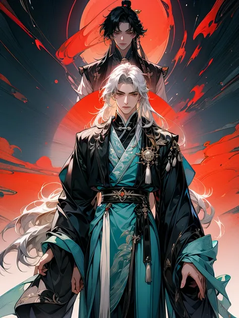 masterpiece, collage of 2 men in chinese clothes,hanfu, long black hair, long white hair