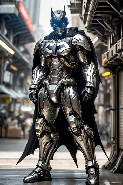 mechanical batman special , light black armor , with glossy silver metal armor, wears smooth black armor,smooth silver metallic ...