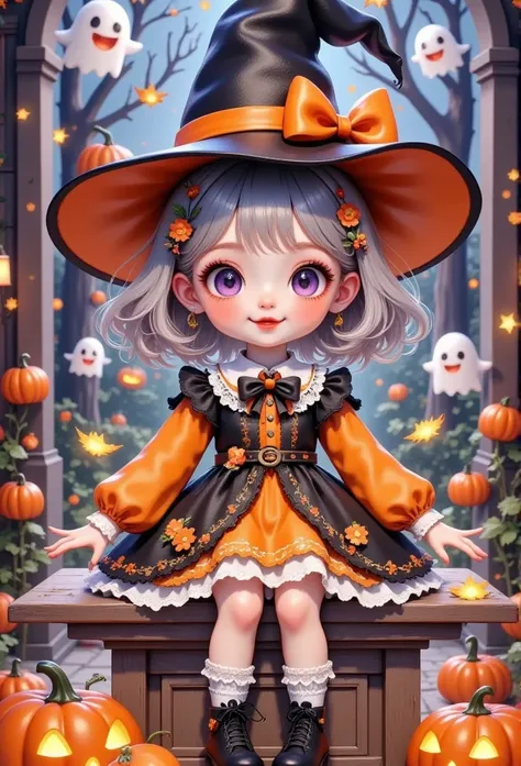 a close up of a doll sitting on a table with pumpkins, a picture by jin homura, pixiv, digital art, witch girl, cat witch, nendo...