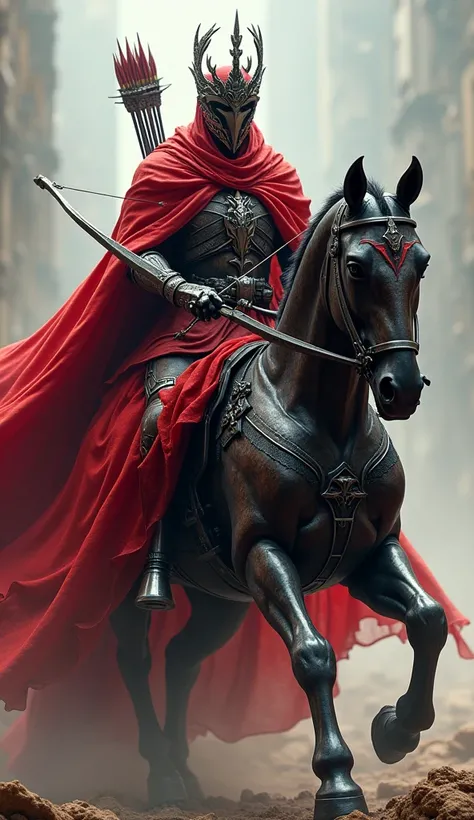 The harbringer of war, a cyber Warrior, dark red color, a crown and bow, riding a cyborg horse