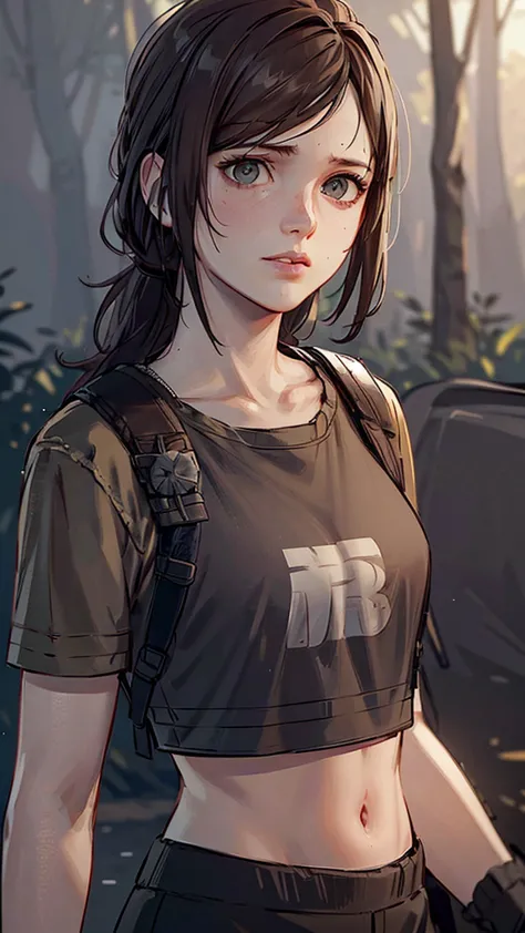 ellie from the last of us, wearing crop tank top and camouflage pants, ultra-detailed, 8k, best quality, highly realistic, photo...