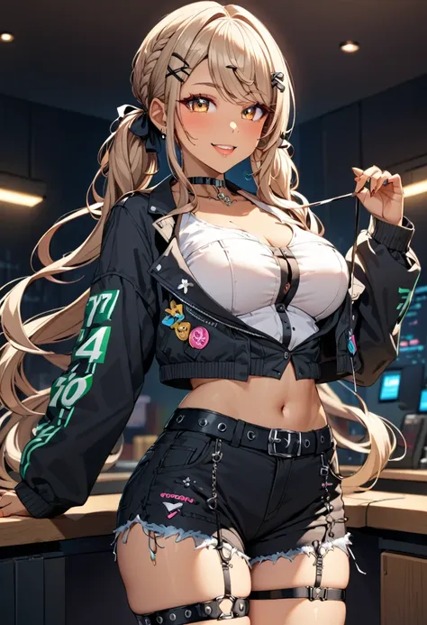 score_9, score_8_up, score_7_up, (masterpiece, best quality), Intricate details, indirect lighting, 
upper body, (Focus on the breasts),  looking at viewer, standing, 1girl, medium breasts, 
BREAK
gyaru, dark skin, long hair, low twintail, hair ribbon, hai...