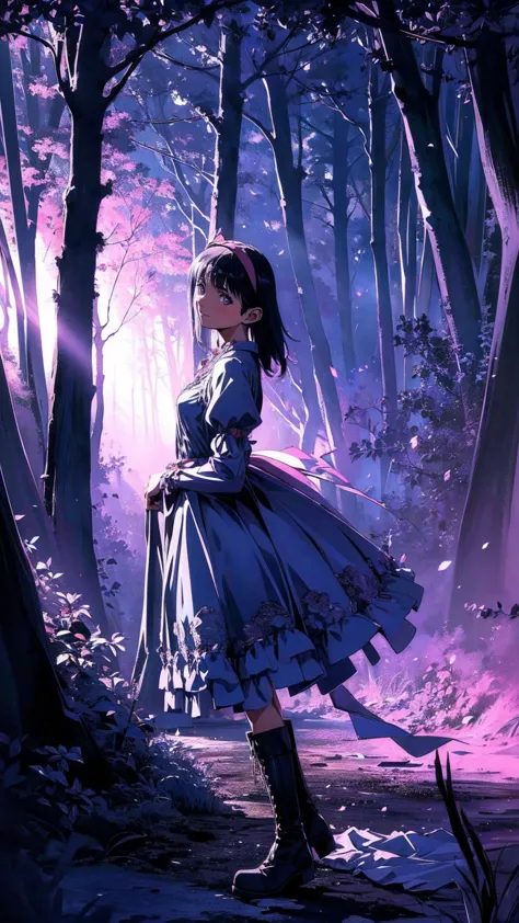  anime style、story、、 BEAUTIFUL GIRLS、とてもcute天使、 pink gothic dress 、cute、baby face、smile、 long skirt 、  black boots 、Very cute headband
、 Huge Tree with Blue Glowing Branches and Roots,  very detailed , Complex and Brilliant , Fantasy Landscape ,  Aether Atmosphere , (Best Quality,8k, Kampala,masterpiece:1.2), ultra detail ,(Realistic,photoRealistic,photo-Realistic:1.37), digital art ,  Cinematic Lighting ,  Dramatic Lighting,  bright color,  Glowing Elements , Mysterious, Amazing, Magical realism,  Concept Art,
