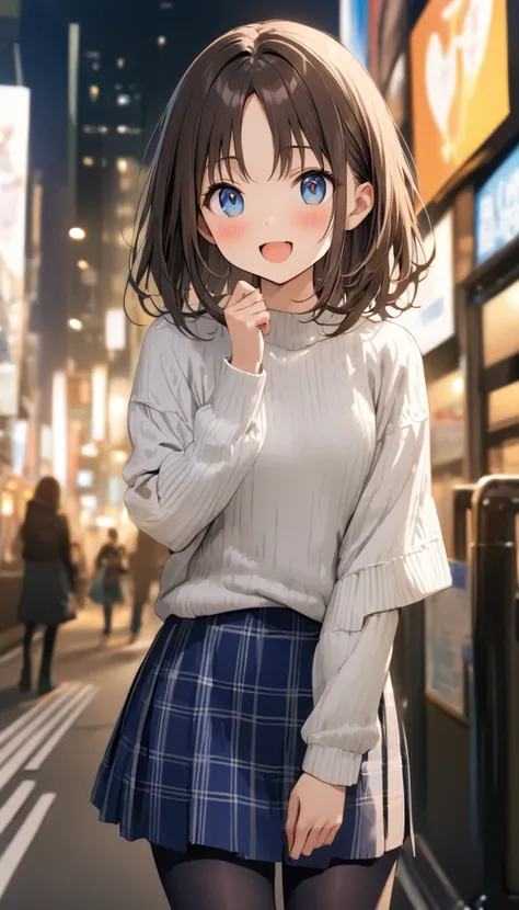 full body、 best quality,High image quality,masterpiece,  casual, White ((Knitted sweater)), One person, very cute girl wrapping a small towel、Complex pupil, Deep blue eyes, smile, open mouth, blush, ((small breasts)), medium hair, Brown Hair, Right-parted ...