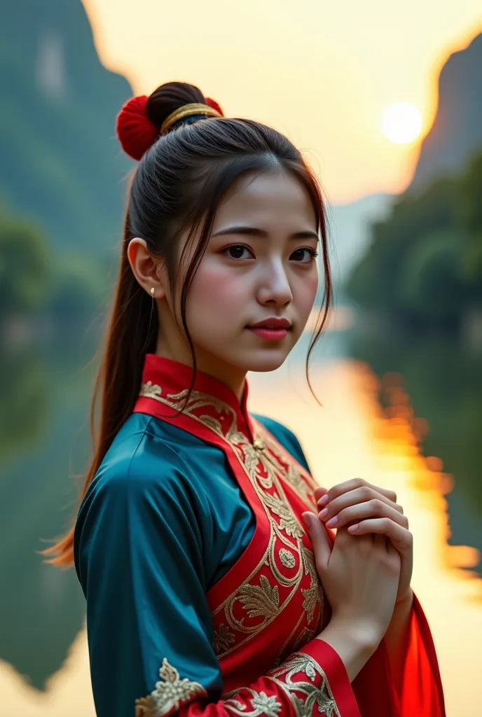 one woman , full body, in thai dress, dancing in thai posture, in front of river,(best quality,4k,8k,highres,masterpiece:1.2),ultra-detailed,(realistic,photorealistic,photo-realistic:1.37),extremely detailed eyes and face,beautiful detailed lips,longeyelas...