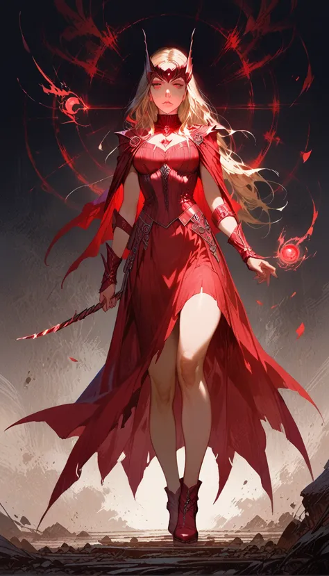 full body shot, (elxolsn), beautiful scarlet witch casting a spell, (detailed face expresion), wide angle panoramic shot, imersi...