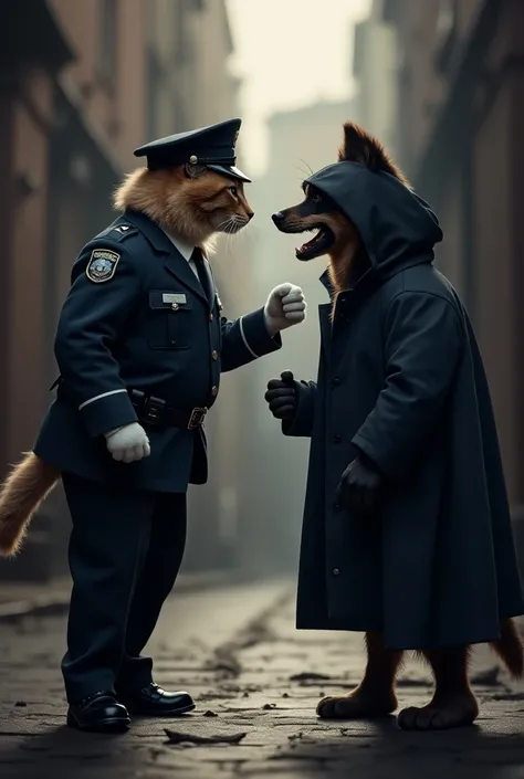 Cat is in police dress and dog is in theif dress picture to foght  each other 