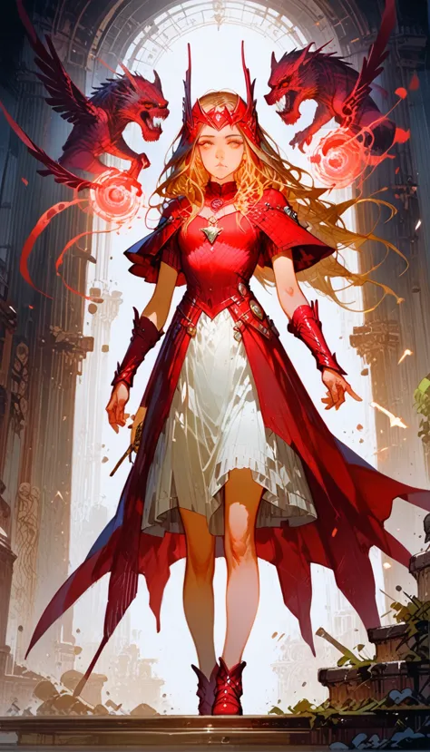 masterpieces, detailed, anime, full body shot, (elxolsn), beautiful scarlet witch casting a spell, (elizabeth olsen face), (deta...