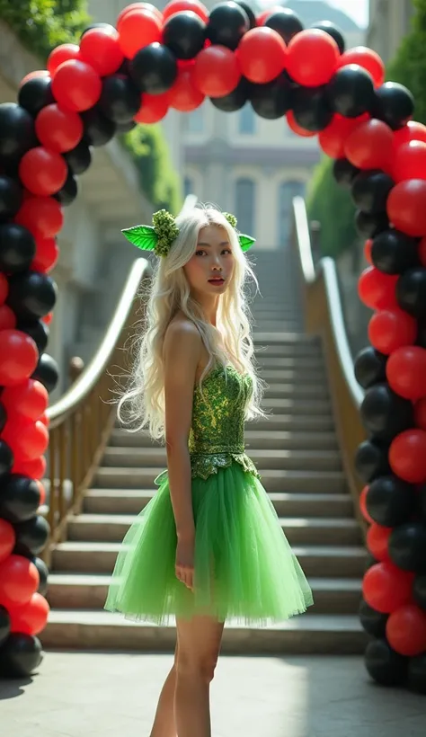  Korean woman Min-a Shin ,  long white blonde hair ,  short green Tinker Bell costume dress ,  at the entrance to the street Escadaria in red Black red balloon arch written "sapphire" In white elegant and luxurious 