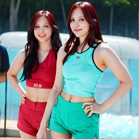 mina myoui, long red hair, mint green shorts, mint green tank top, standing straight, looking at viewer, smiling, at the glacier...