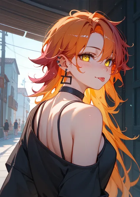 One Woman、purple and orange gradient color hair、Disheveled Hair、Long Hair、Ear Piercing、 yellow eyes、Flushed Cheeks、 choker、 stick out your tongue、 Black Off Shoulder Shirt、Back Alley Between Buildings 、night、 anatomically correct、anime。