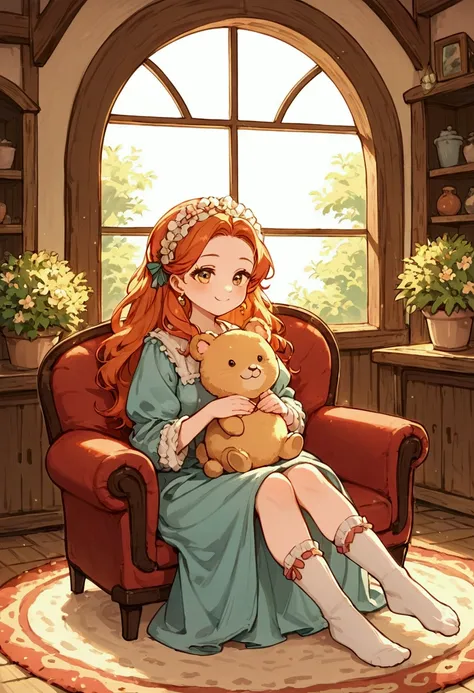 score_9, score_8_up, score_7_up, score_6_up, score_5_up, score_4_up, source_anime, solo focus, sfw, ((portrait of a girl)), In a cozy cottage nestled in the heart of a picturesque village, bathed in the golden glow of the setting sun, a cute girl sits comf...