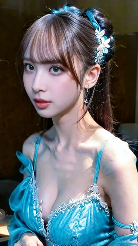 26 Year Old Single Girl  ,  viewers, Look closely,  ,  Seductive Light Blue Outfit , Just Sexy、Royal Dress、Silk dress、Lace-up dress 、 See-through Dress 、 cleavage 、 off shoulder、(( Dress Designed with Bold Lacing and Bold Cut))、(Chest See-through )、Protrud...