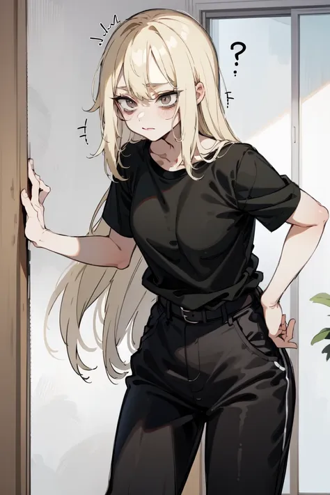 young woman, blonde,  long hair , gray eyes, black t-shirt, gray pants , wide pants, black belt, narcissistic, nervous, anime