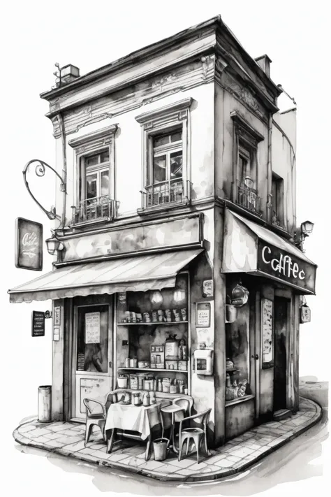 funny cute, tinny caffeebar, ink and wash, front view, (best quality, perfect masterpiece, representative work, official art, pr...