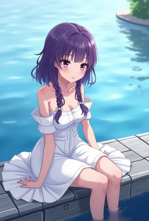 arafed woman in a white dress sitting on a dock by the water, purple eyes and white dress, anime girl cosplay, white and purple, anime girl in real life, cosplay, guweiz, ayaka cosplay, anime cosplay, trending on cgstation, thicc, belle delphine, anime god...