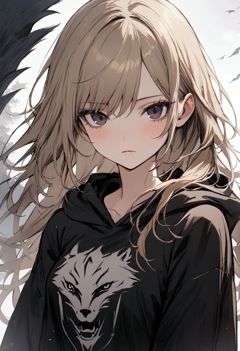 one girl, pretty face, dark eyes, ash blonde, wolf hair cut, chest-length hair, loose fit black hoodie, slim figure, small breas...