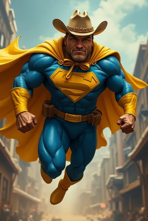  A superhero with a cape and a cowboy hat and a bow around the waist,  and his clothes are yellow and blue with a J on his chest .    This superhero has a slightly bigger nose , Its strong , And a bit bellied .  he has no beard or mustache, And fly sideway...