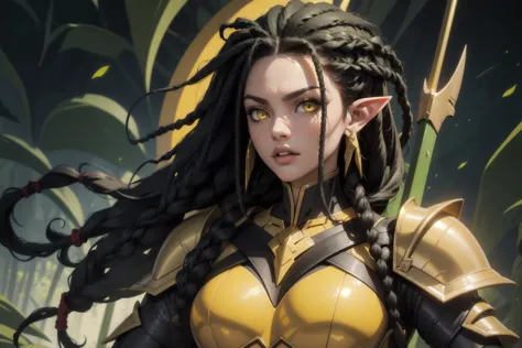 masterpiece, best quality, high quality, green skin, pointy ears, yellow eyes, black hair, dreadlocks, armor,