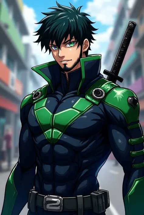  Generate for me an image of Oliver Aiku from Bluelock in the world of Mha with a superhero costume must refer to the snake and who is green/violet/noir/blanc. There is a number 2 with Aiku marked on the suit and on the back he will have a katana .
 He has...