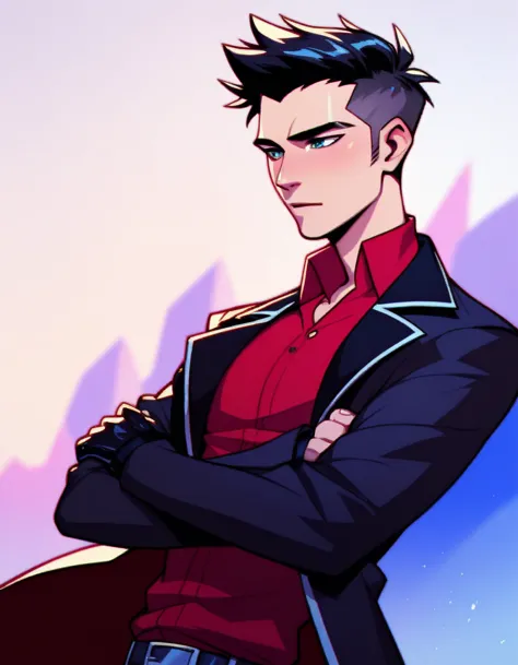 human male , black hair style , red shirt , black coat  ,