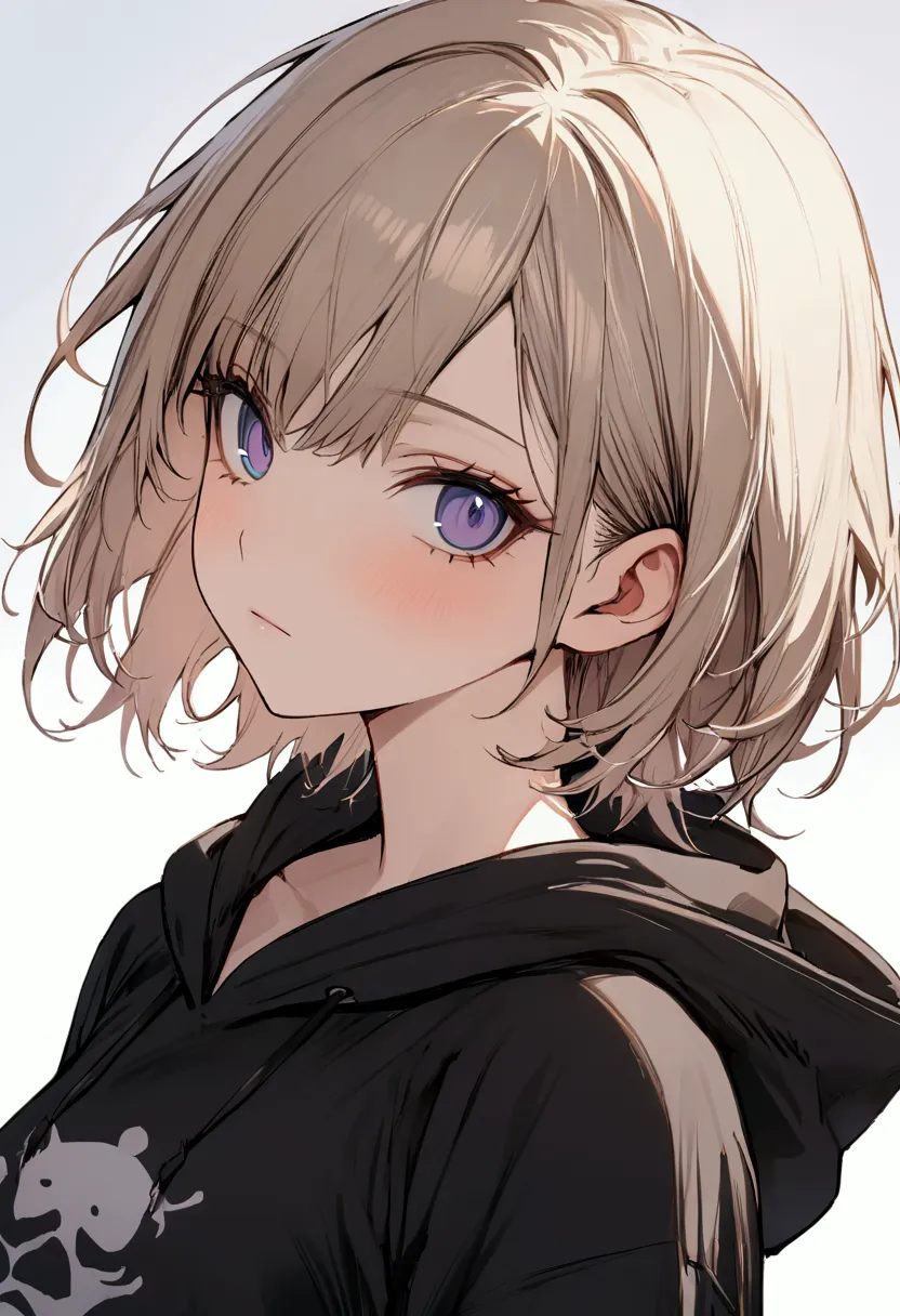 one girl, pretty face, periwinkle eyes, ash blonde, short cut hair, chest-length hair, loose fit black hoodie, slim figure, smal...